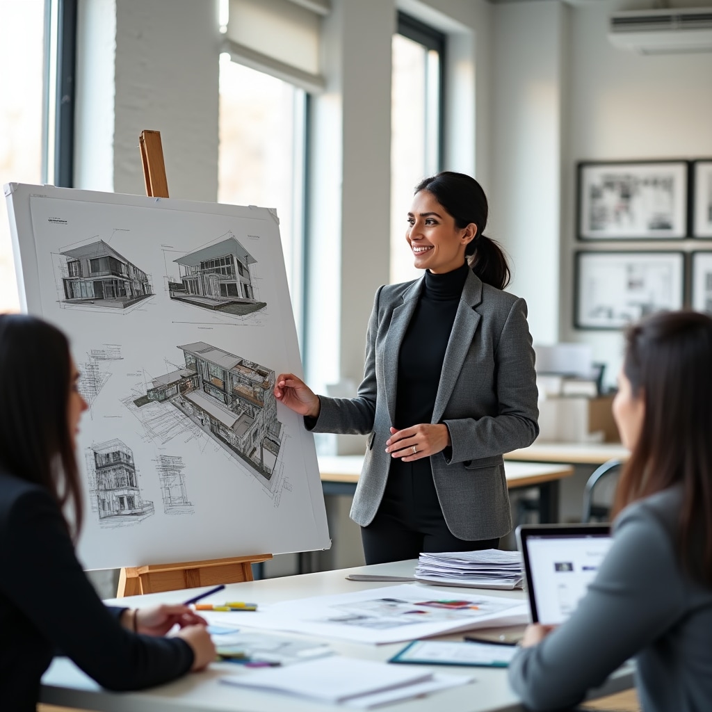 Architect presenting design concepts and architectural plans to clients