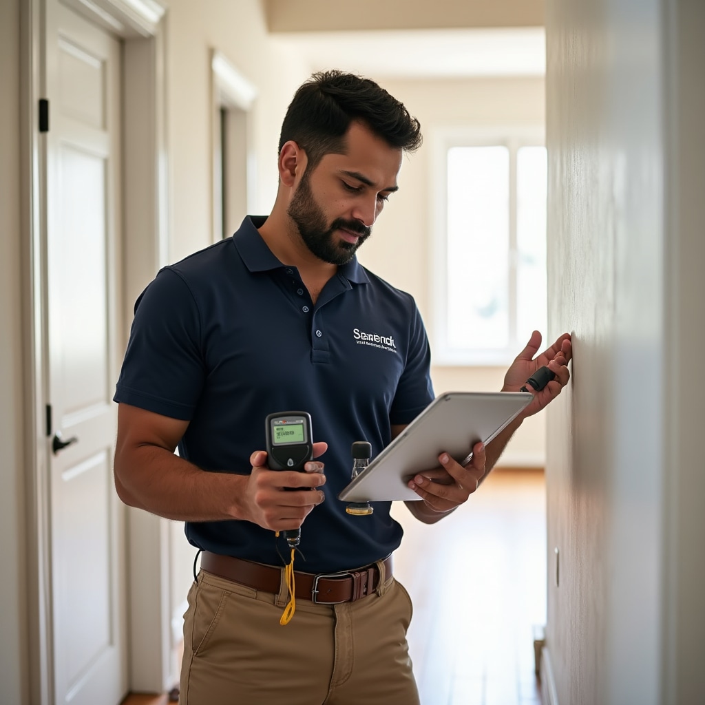 Building inspector conducting thorough property assessment with inspection equipment