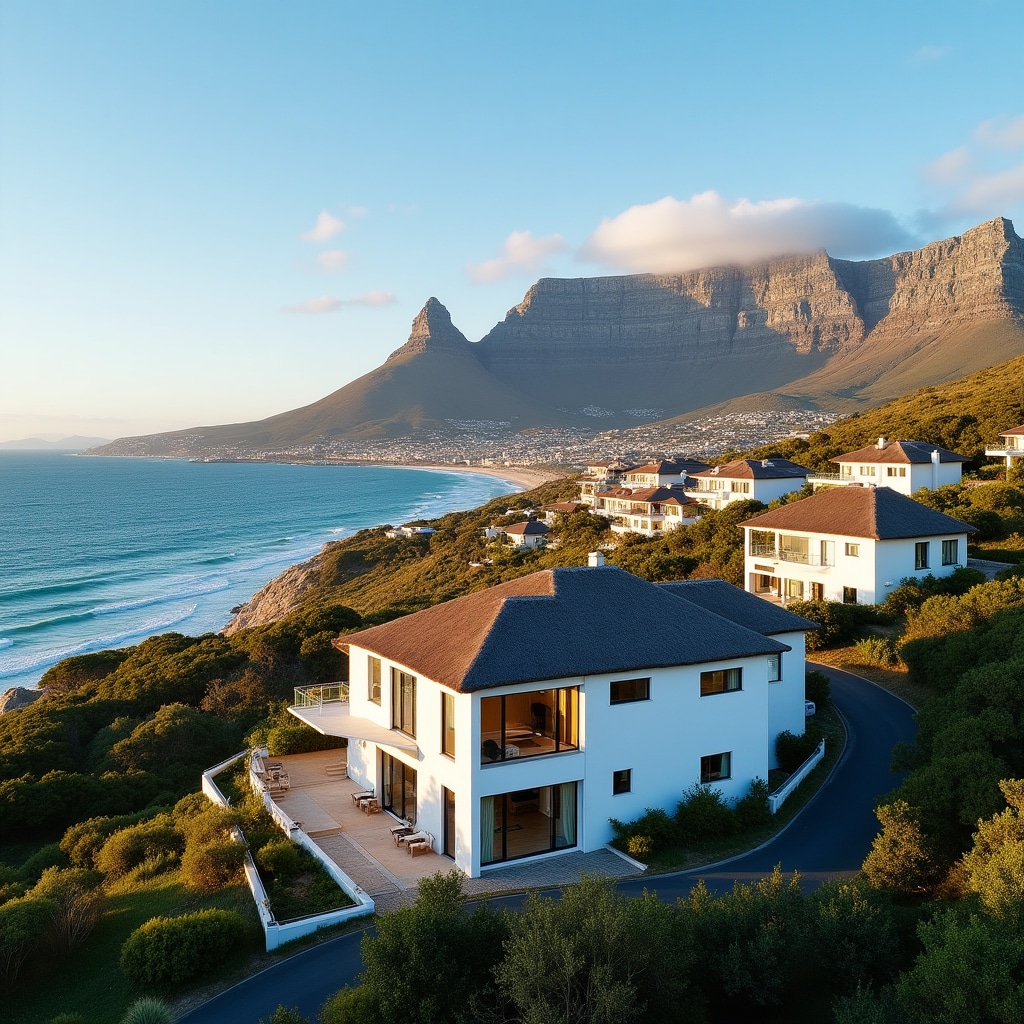 Cape Town coastal area with residential properties and mountain backdrop