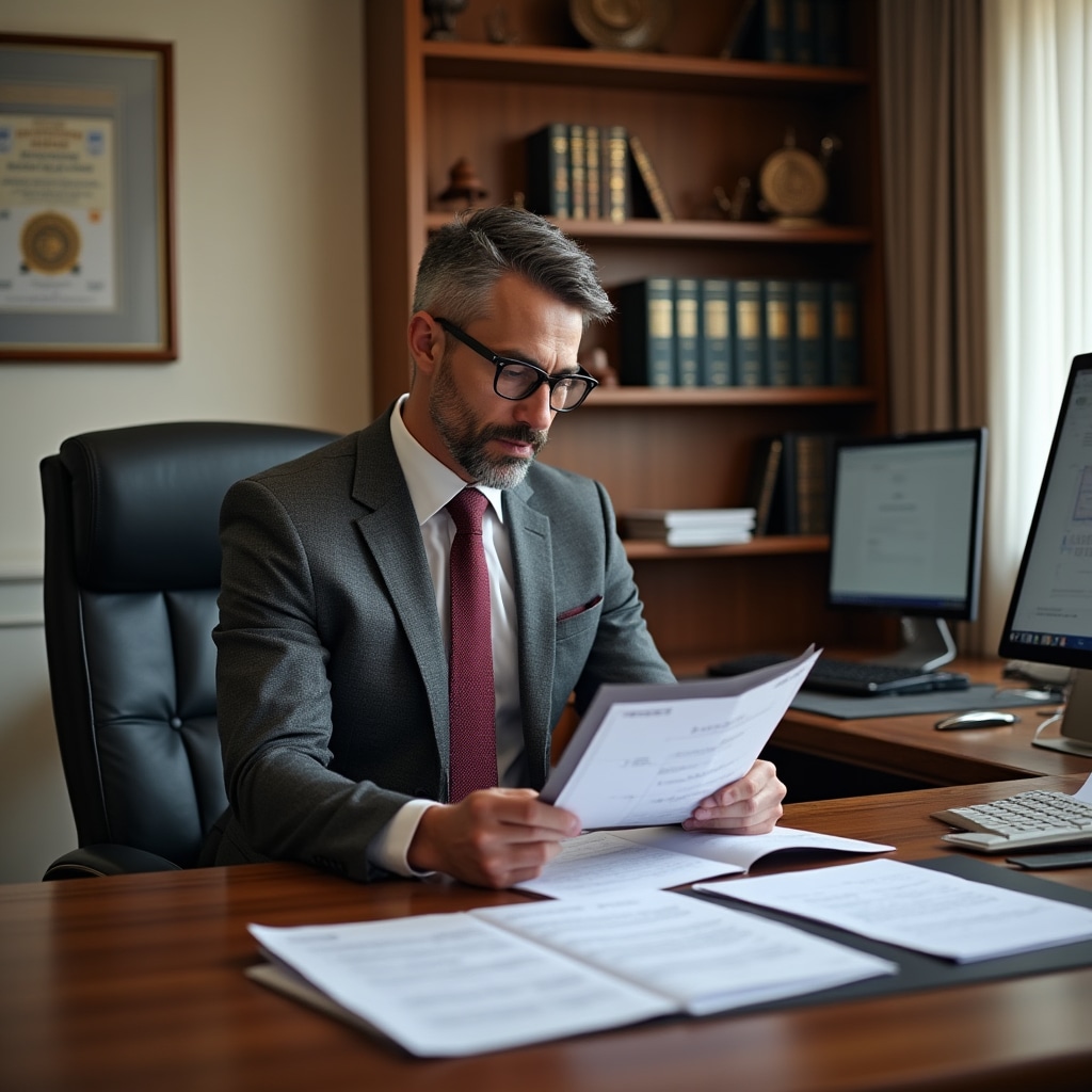 Conveyancing attorney reviewing property transfer documents in professional office setting