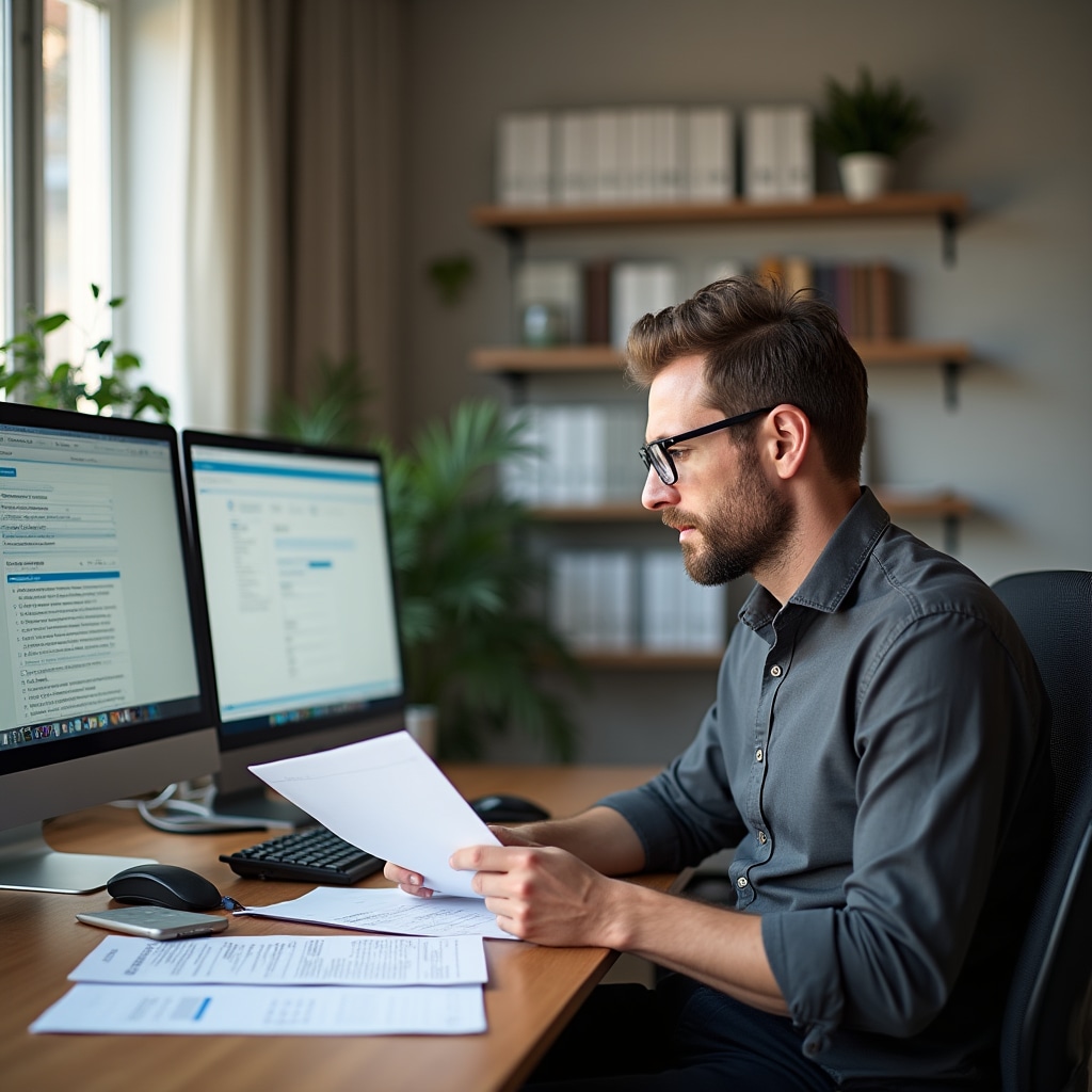 Editorial team member reviewing professional credentials and registration documents at desk