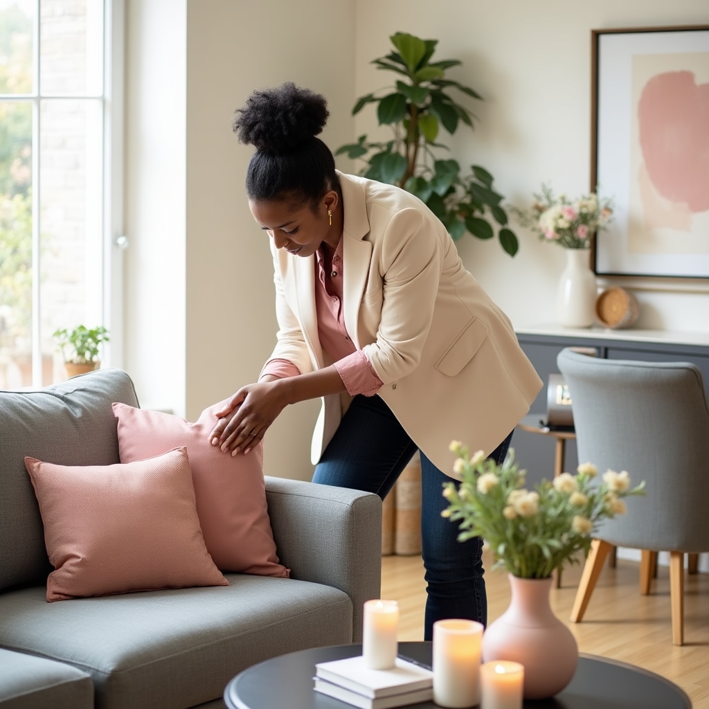 Home staging professional arranging furniture and decor to present property attractively