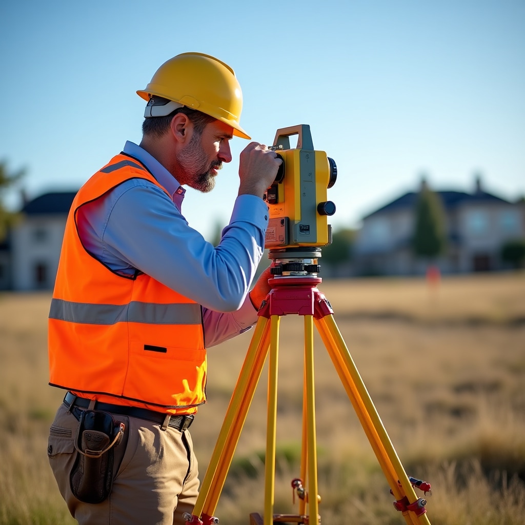 Land surveyor conducting boundary survey with professional surveying equipment outdoors