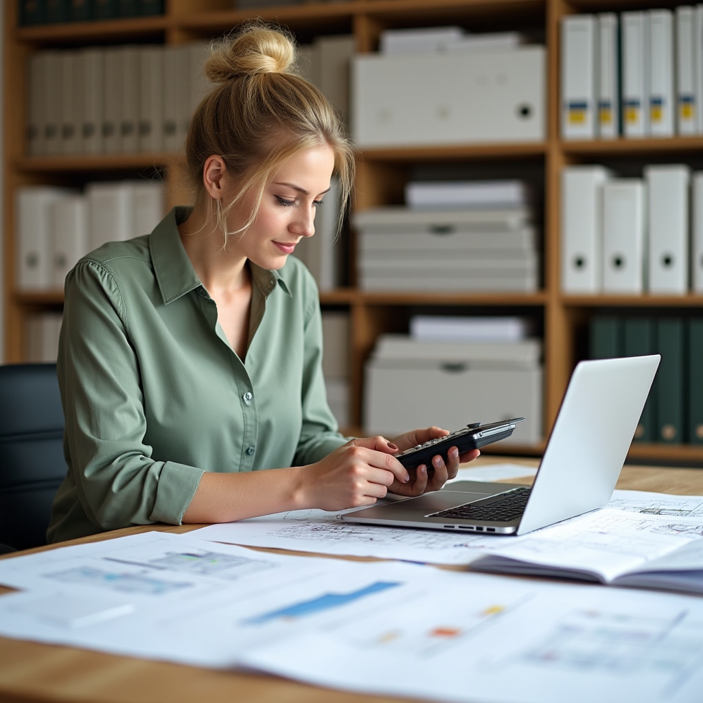 Quantity surveyor reviewing construction plans and cost estimates at desk